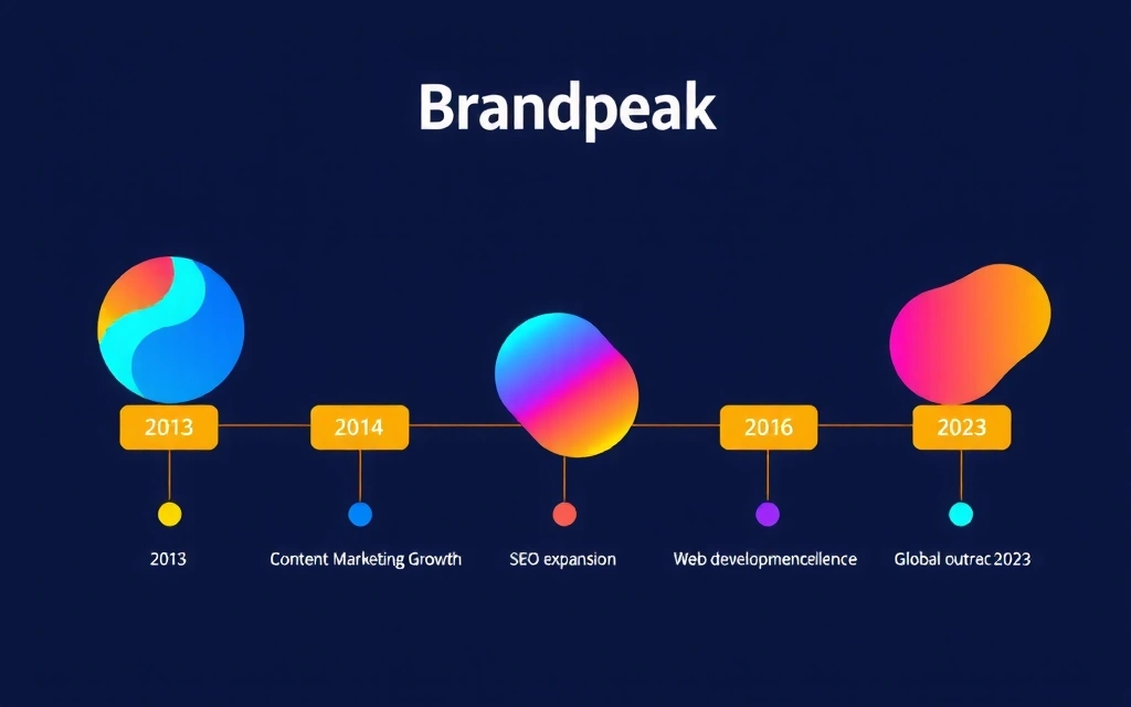 A timeline illustrating Brandpeak's growth and key milestones, with abstract digital elements representing innovation and progress