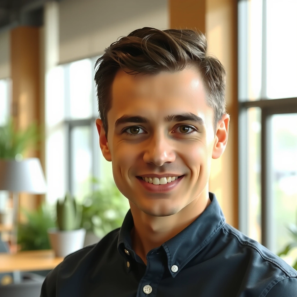 A professional portrait of a male team member smiling confidently