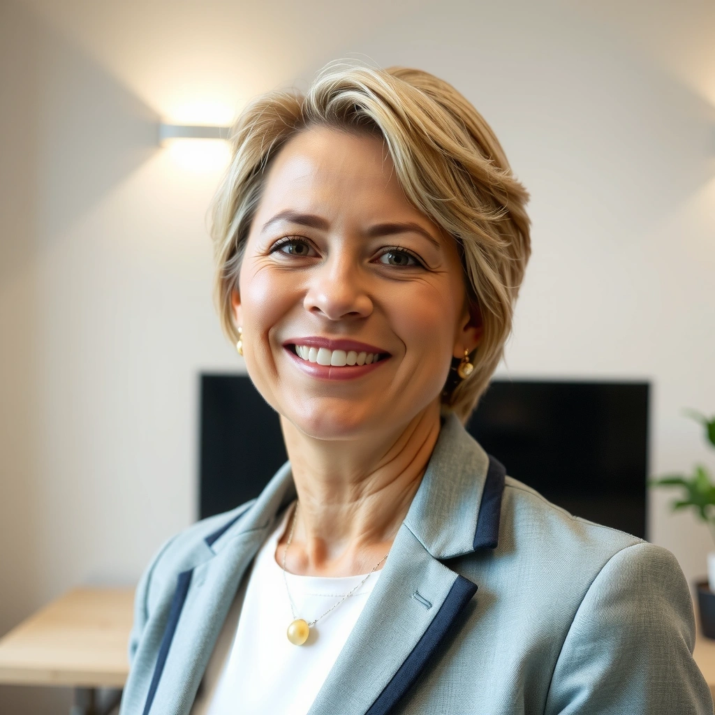 A professional portrait of a female team member with a confident and kind expression