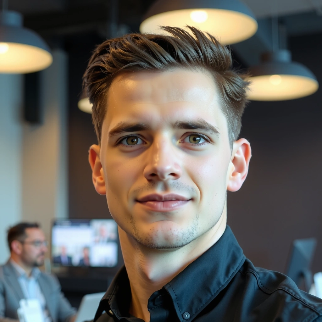 A professional portrait of a male team member focused and thoughtful