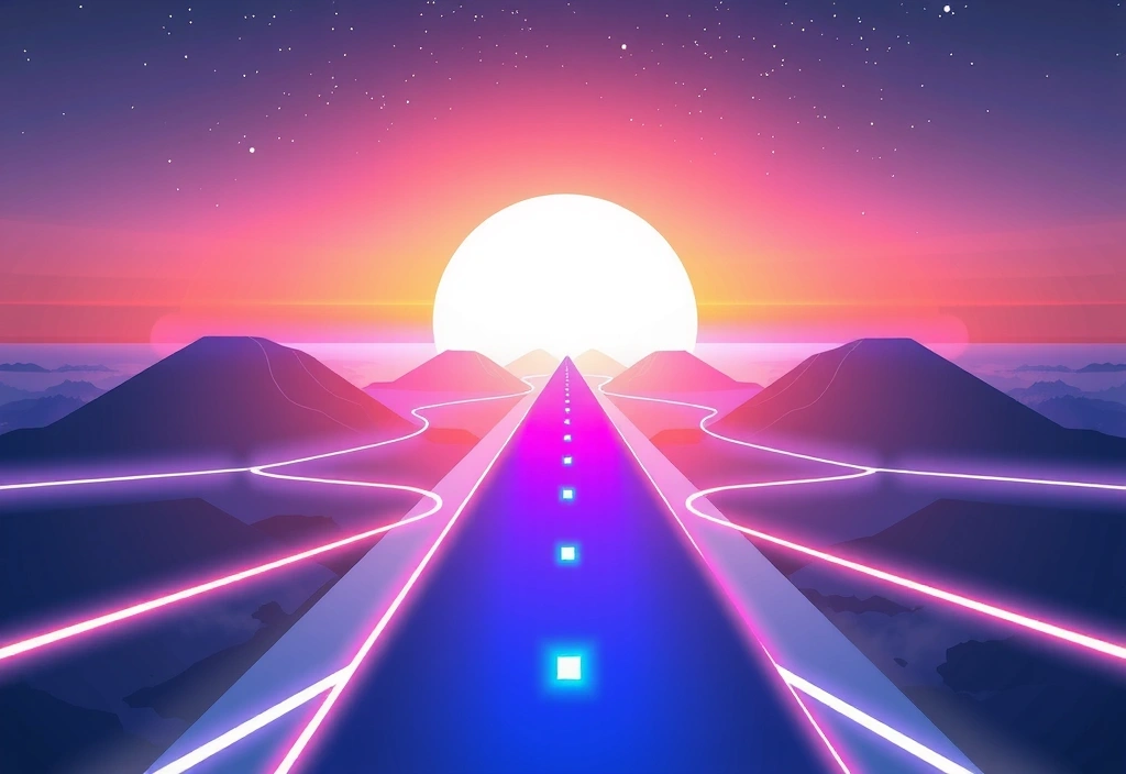 Futuristic illustration of a vision statement, showing a clear path to a bright horizon with digital elements, symbolizing innovation and leadership