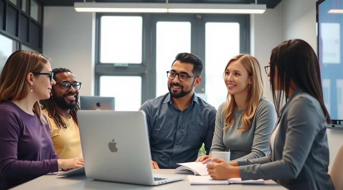 Futuristic digital marketing team collaborating with AI