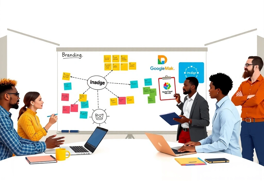 Detailed illustration of a branding workshop with people collaborating, whiteboards, and sticky notes