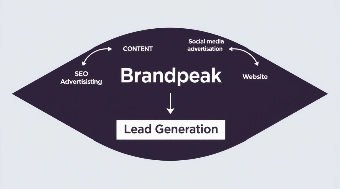 Diagram illustrating Brandpeak's integrated digital marketing strategy, showing interconnected elements like content, social media, SEO, and website, no text.