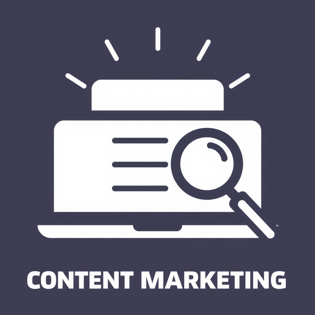 Icon representing content marketing, with a document and a magnifying glass, no text.