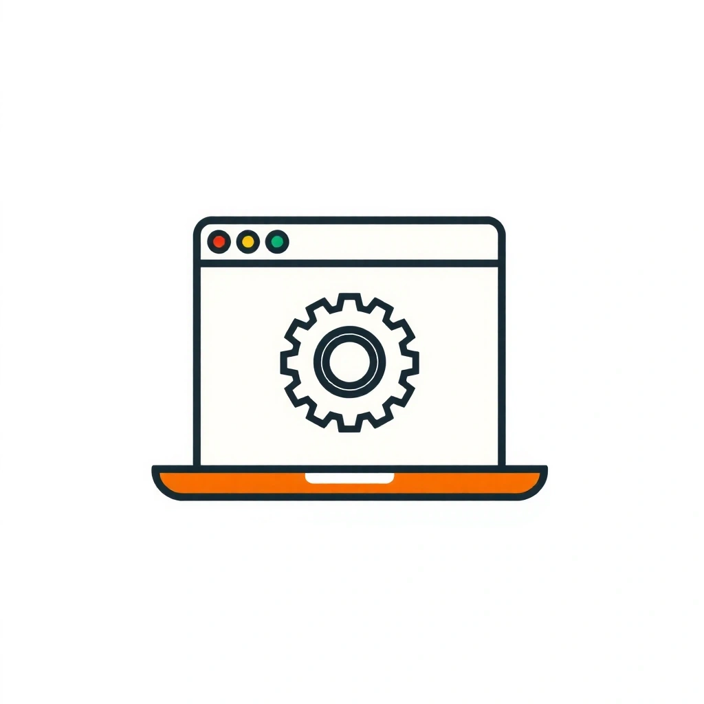 Icon representing website optimization, with a website browser window and a gear symbol, no text.
