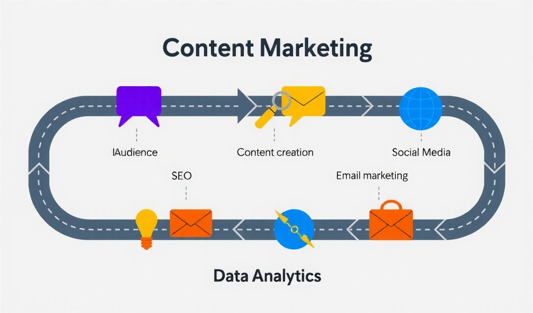 Infographic showing content marketing workflow with various tools and metrics