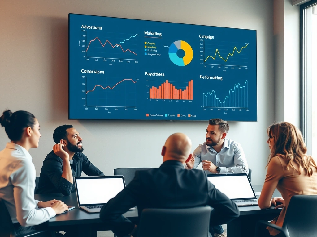 Team collaborating on digital advertising strategy with charts and analytics