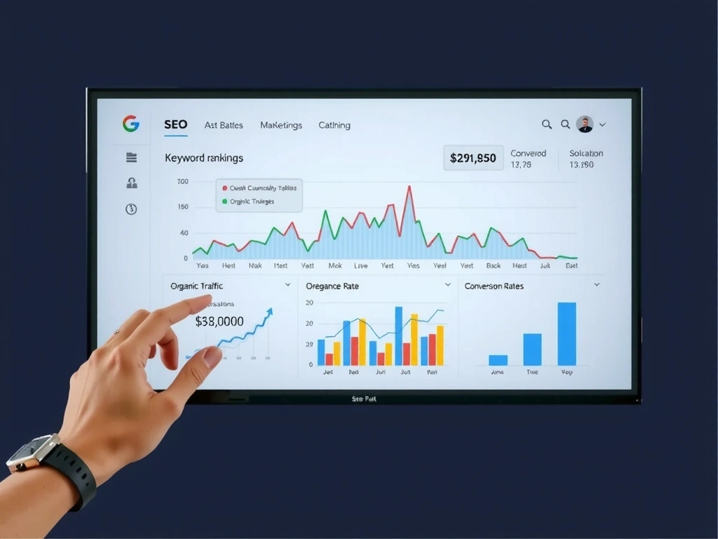 Digital marketing dashboard showing SEO analytics