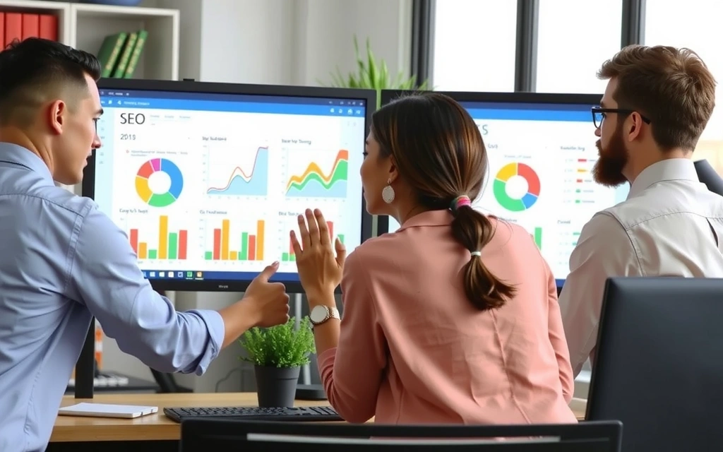 SEO strategy meeting with team members analyzing data