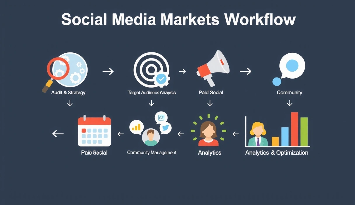 Detailed infographic showing social media marketing workflow from strategy to analytics