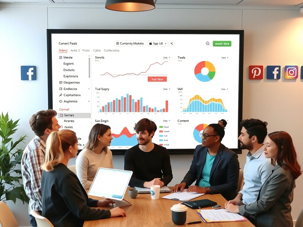 Digital marketing team collaborating on a social media strategy with charts and analytics on screens