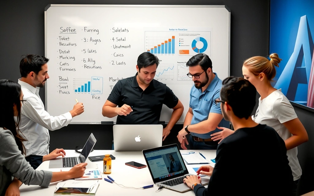 Team collaborating on a marketing strategy, brainstorming ideas and analyzing data on a whiteboard