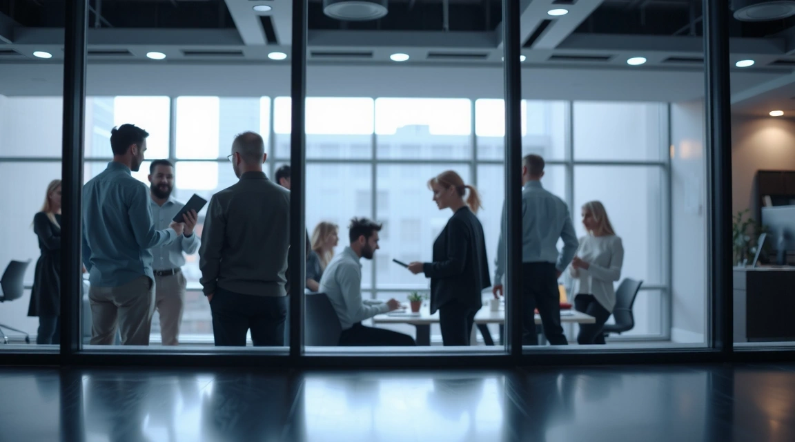 Digital marketing services overview with abstract data visualization and diverse team collaboration