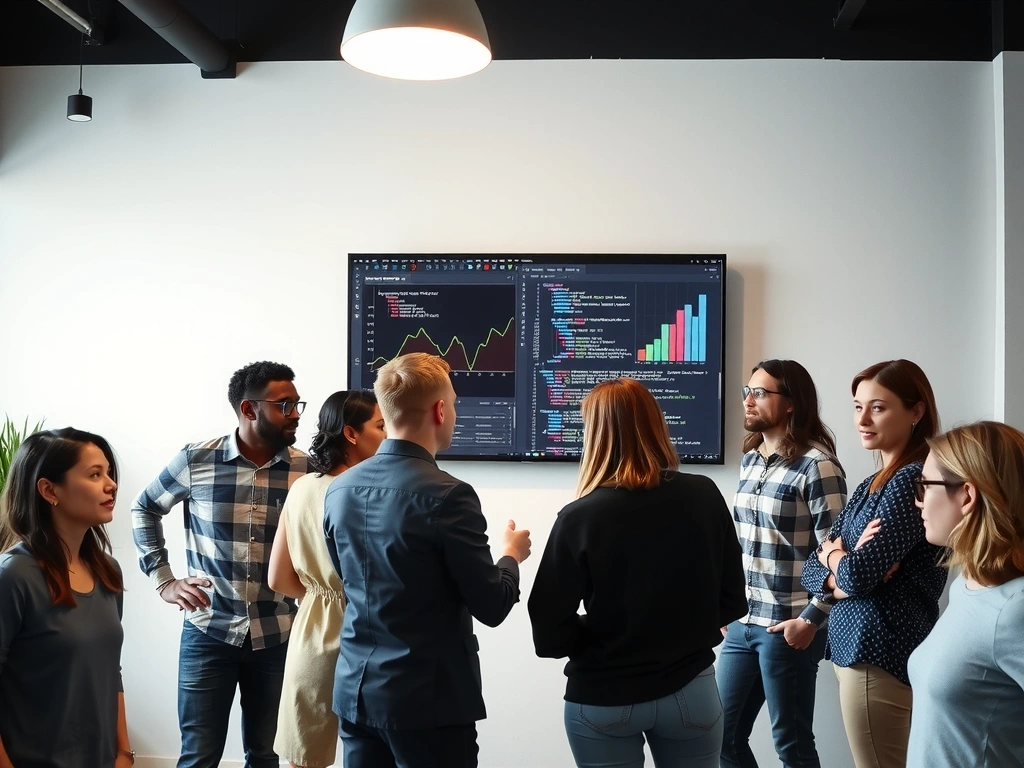 A team of diverse professionals collaborating on web development and digital marketing strategies