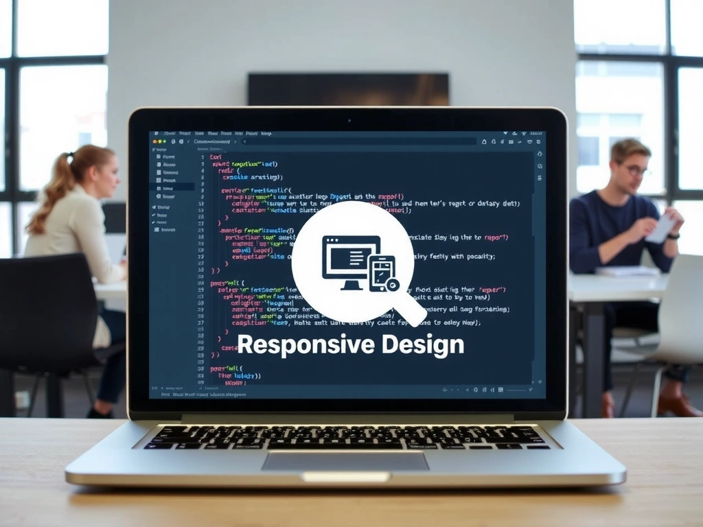 Digital web development code on a screen with a responsive design icon